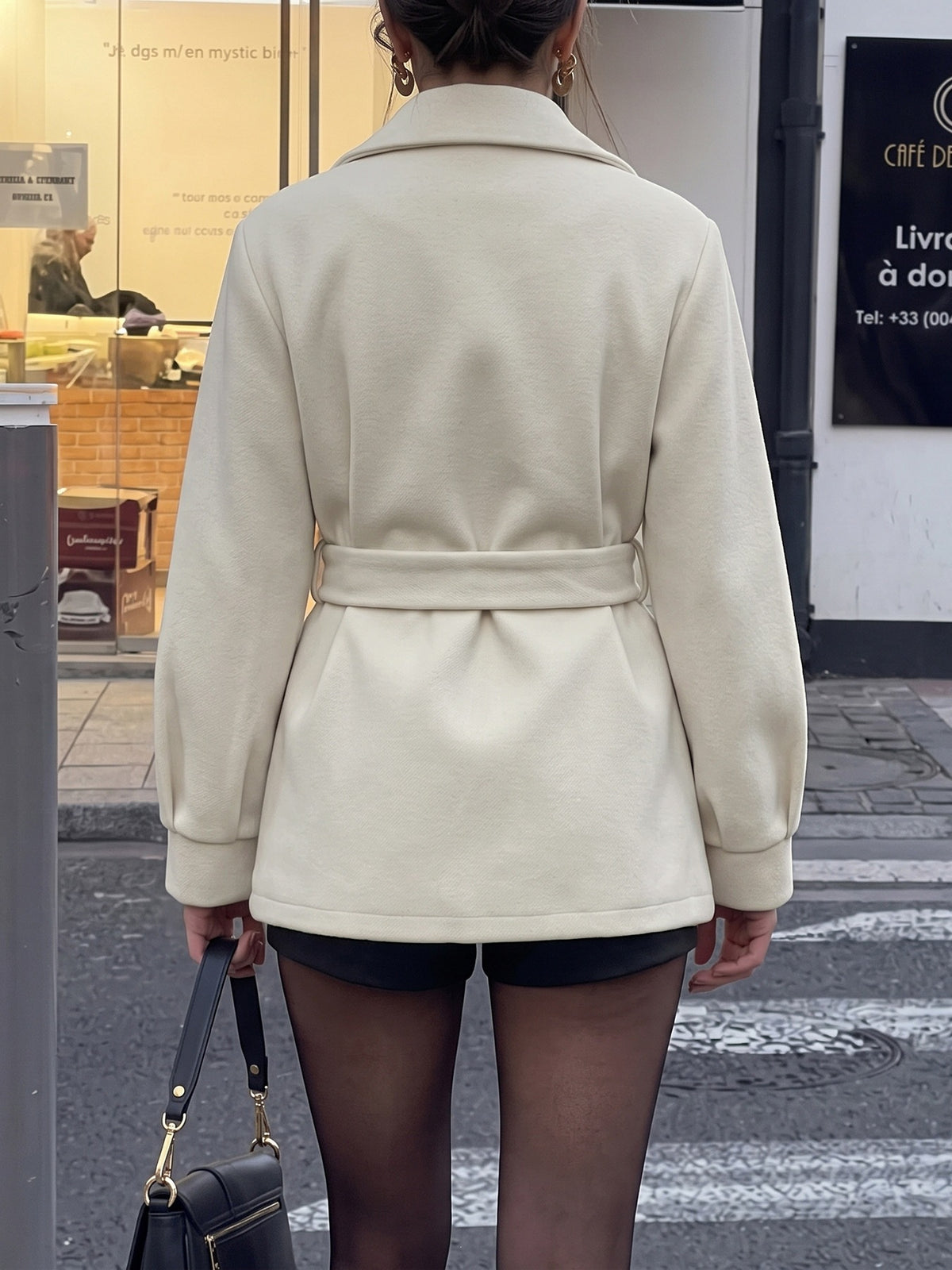 Margo & Main cream wool blend belted short coat — back view of the belt and relaxed sleeves