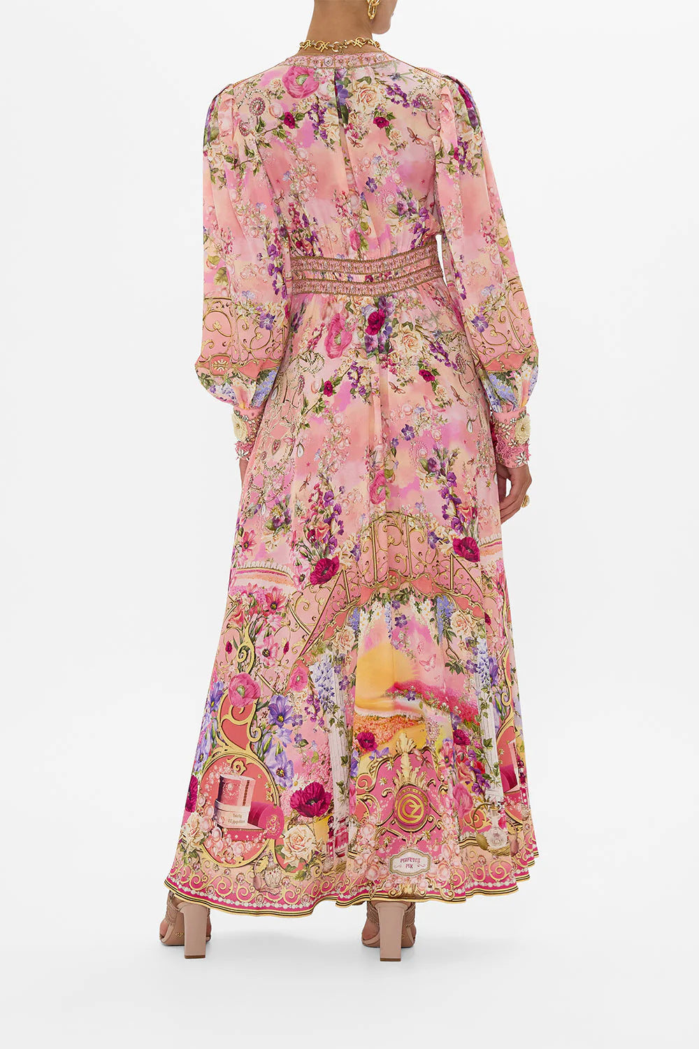 Margo & Main – floral chiffon puff sleeve maxi dress, fabric detail, US women's sizes