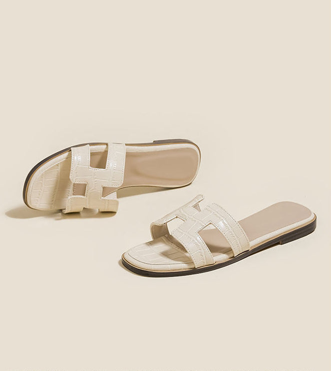 Manon Croc-Embossed Leather H-Strap Slide Sandals