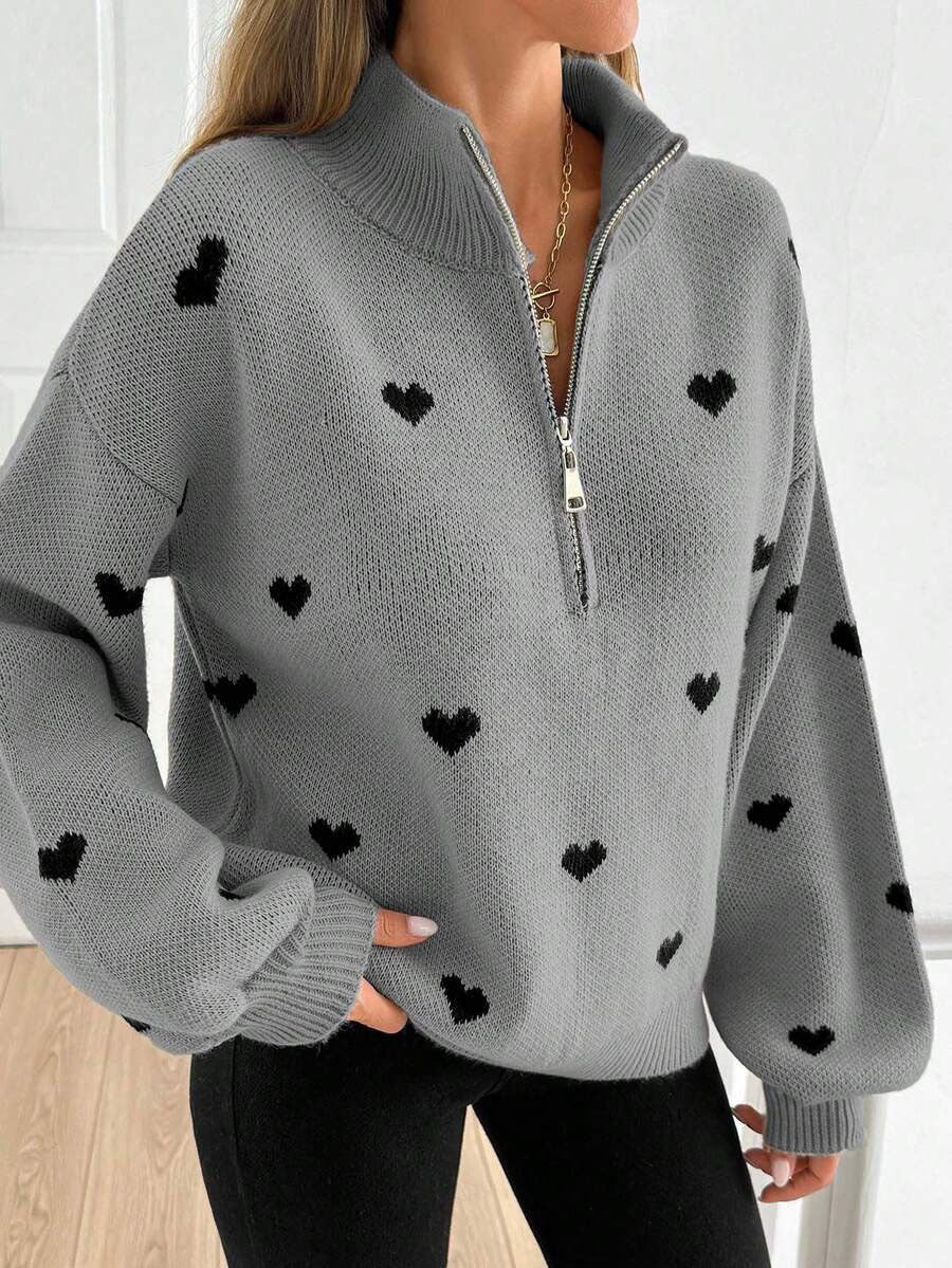 Margo & Main – heart print quarter-zip sweater, full length view, US women's sizes