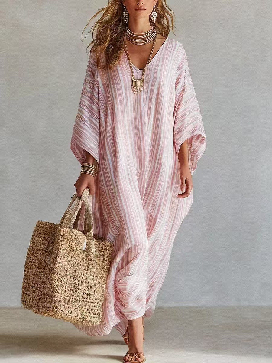 Margo & Main – striped v-neck caftan maxi dress, front view, US women's sizes