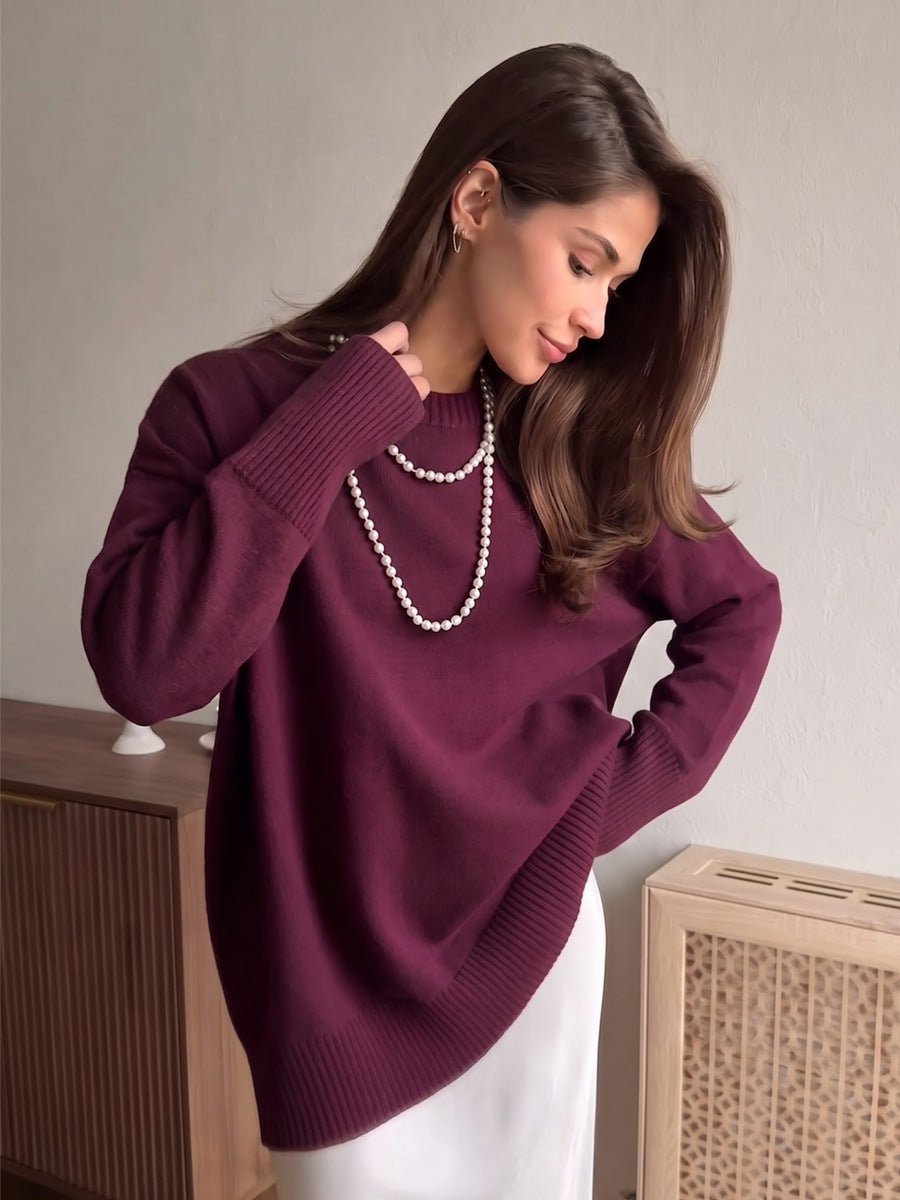 Margo & Main - burgundy cotton crew neck sweater, full front view on model, US women's sizes