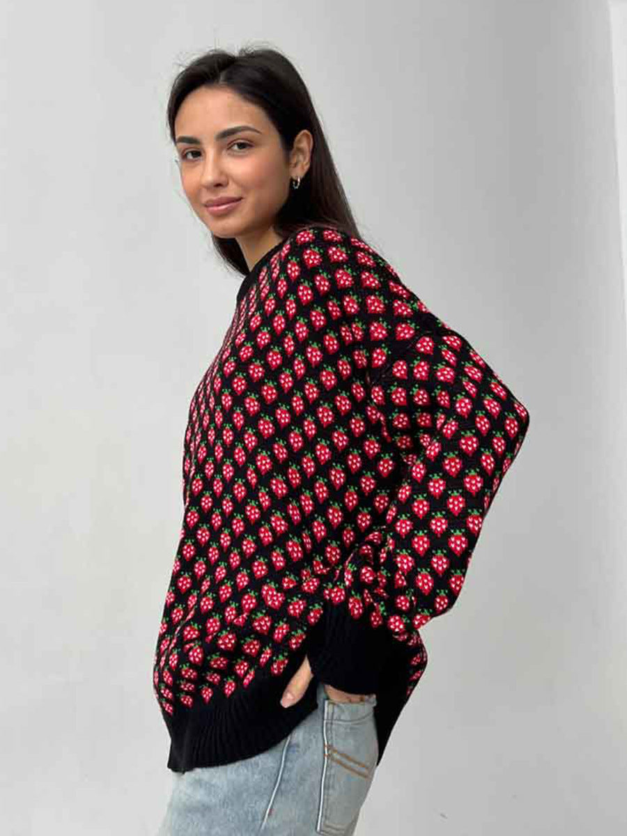 Alodie Strawberry Jacquard Crew Neck Sweater
