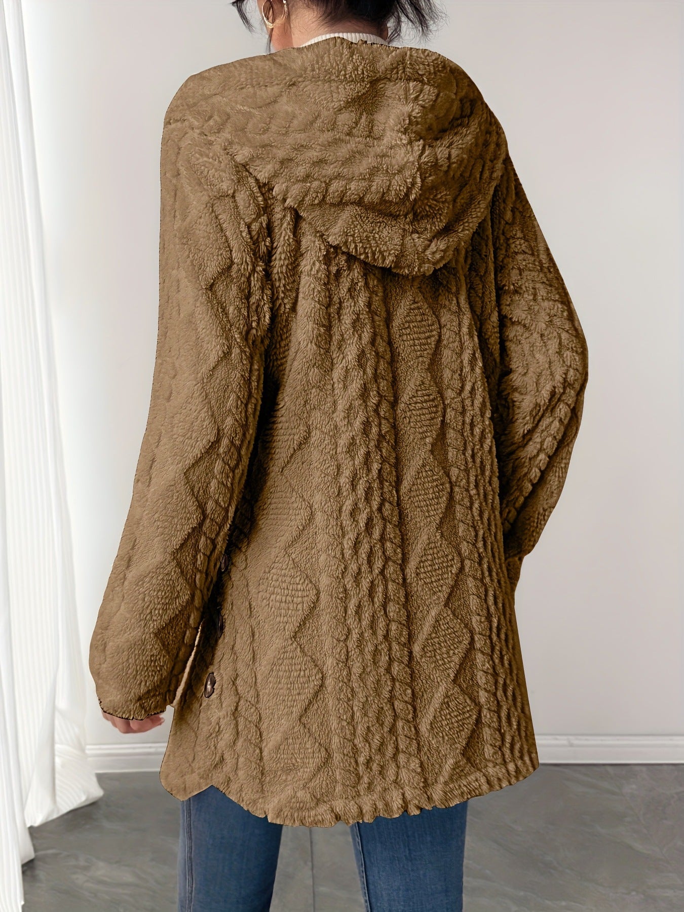Margo & Main – hooded sherpa fleece button jacket, close-up view, US women's sizes