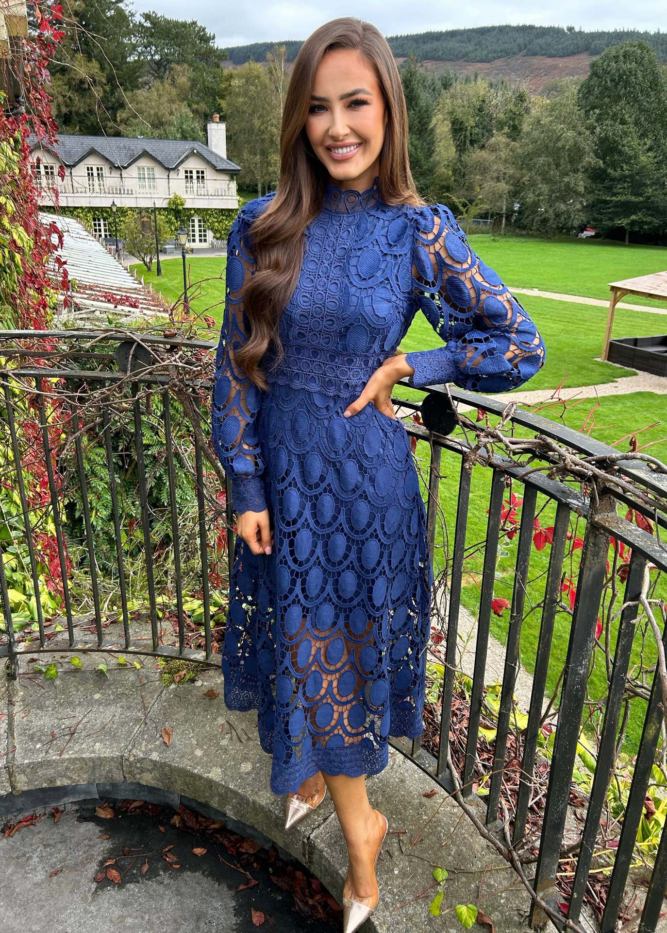 Margo & Main – Royal Blue crochet lace midi dress, outdoor lifestyle view, US women's sizes