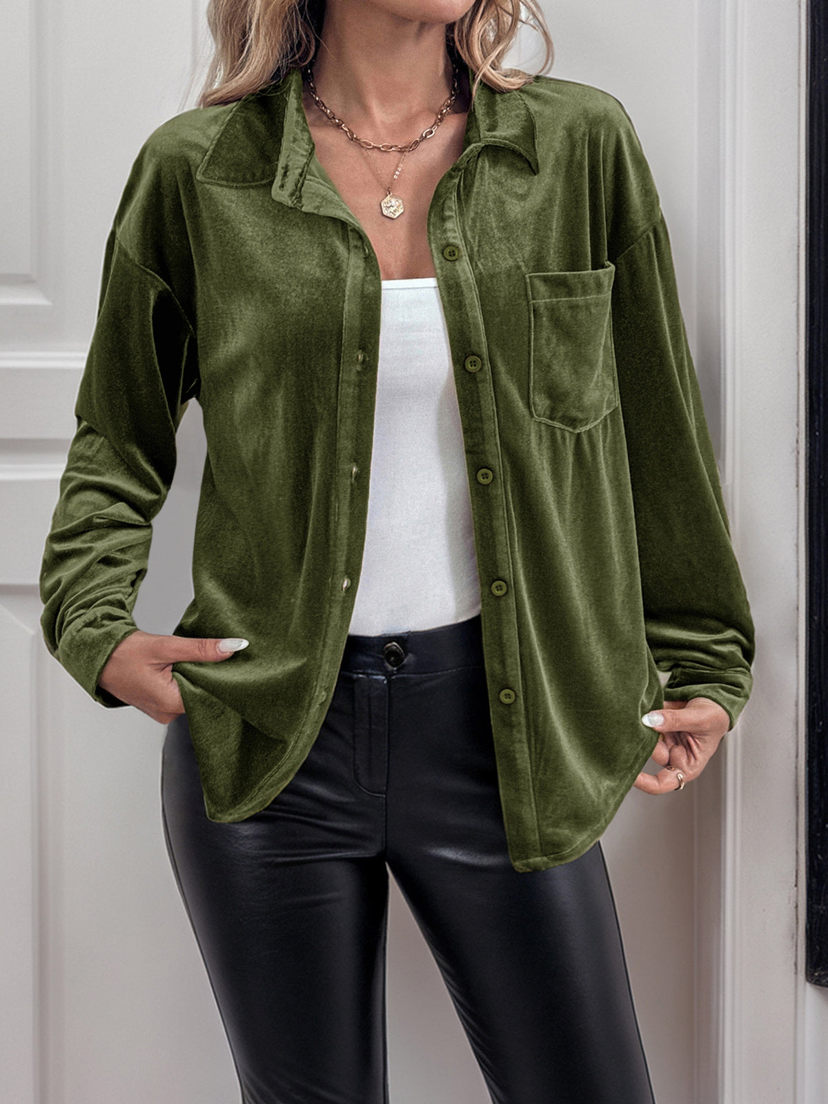 Margo & Main green velvet button-front shirt — worn open over a white tank with pocket, US women's sizes