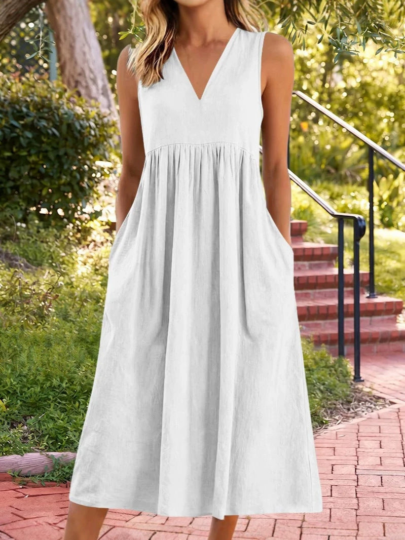 2026 Spring/Summer Cross-Border European and American Amazon Cotton Linen Casual V-Neck Sleeveless Solid Color Mid-Length Dress with Workwear Pockets
