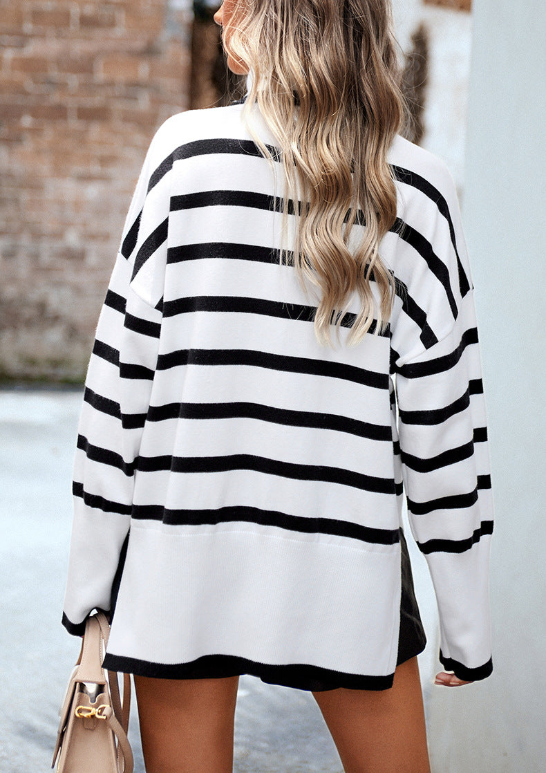 Elvie Striped Mock Neck Side-Slit Sweater