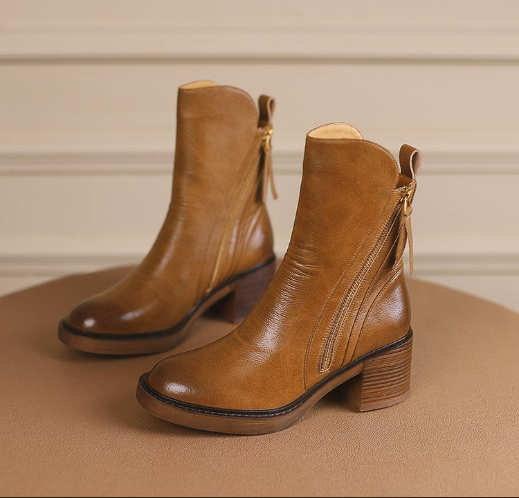 Margo & Main – side-zip stacked heel cowhide ankle boots, close-up view, US women's sizes