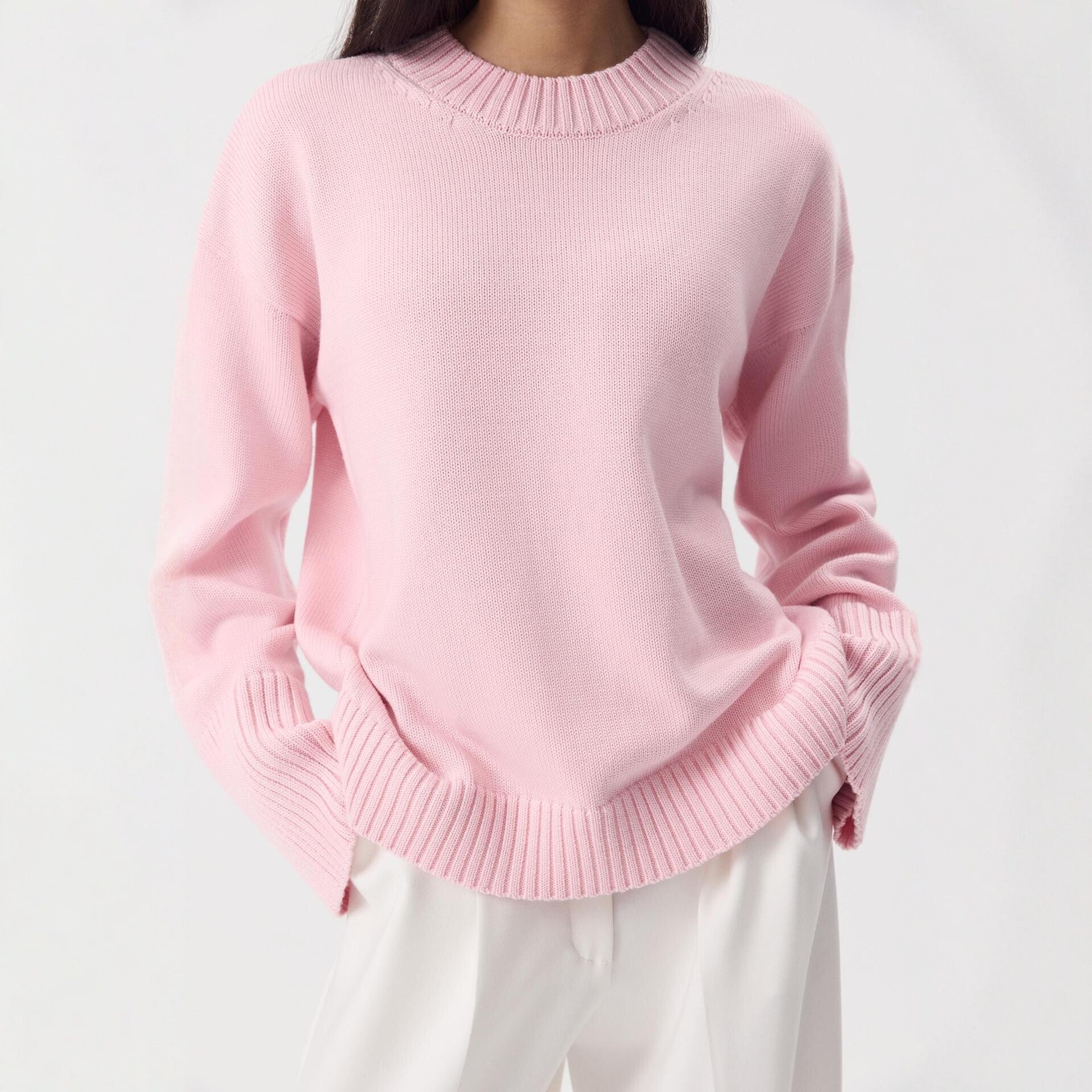 Margo & Main – cotton crew neck drop shoulder sweater, styled view, US women's sizes