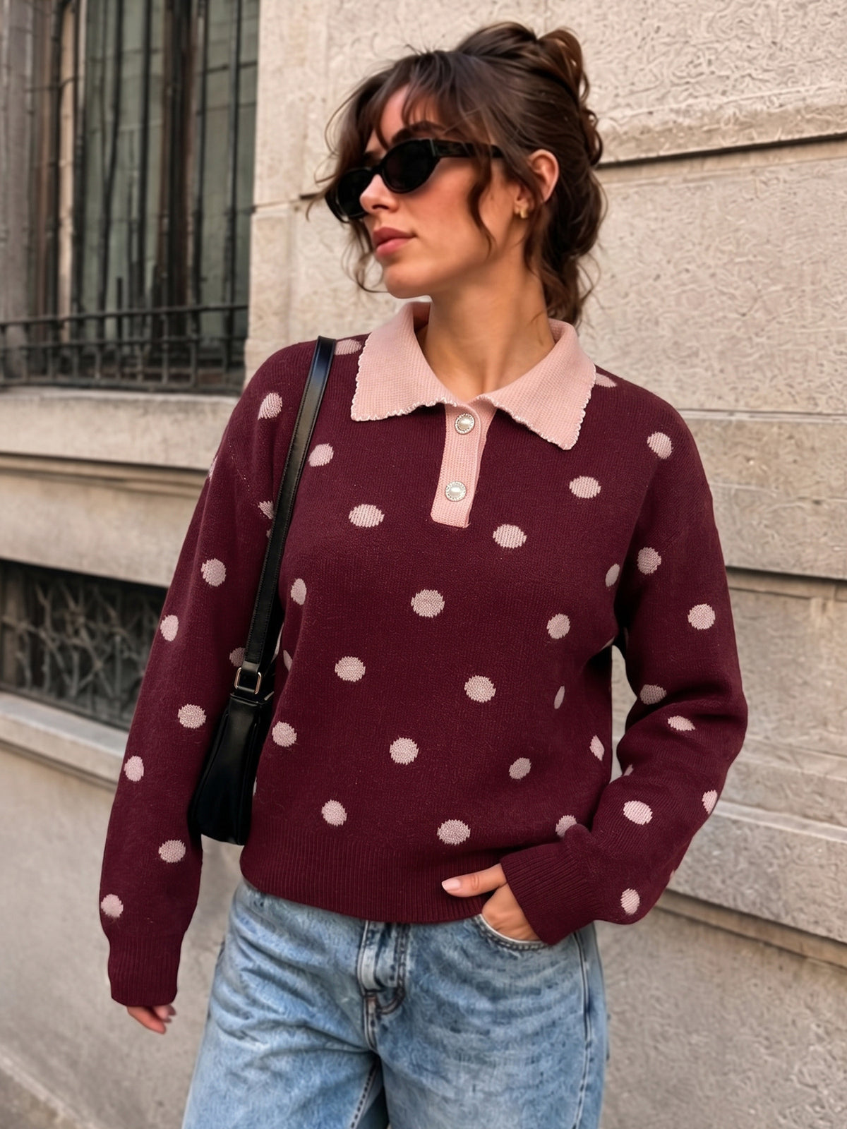 Jacinta Polka Dot Collared Knit Sweater
