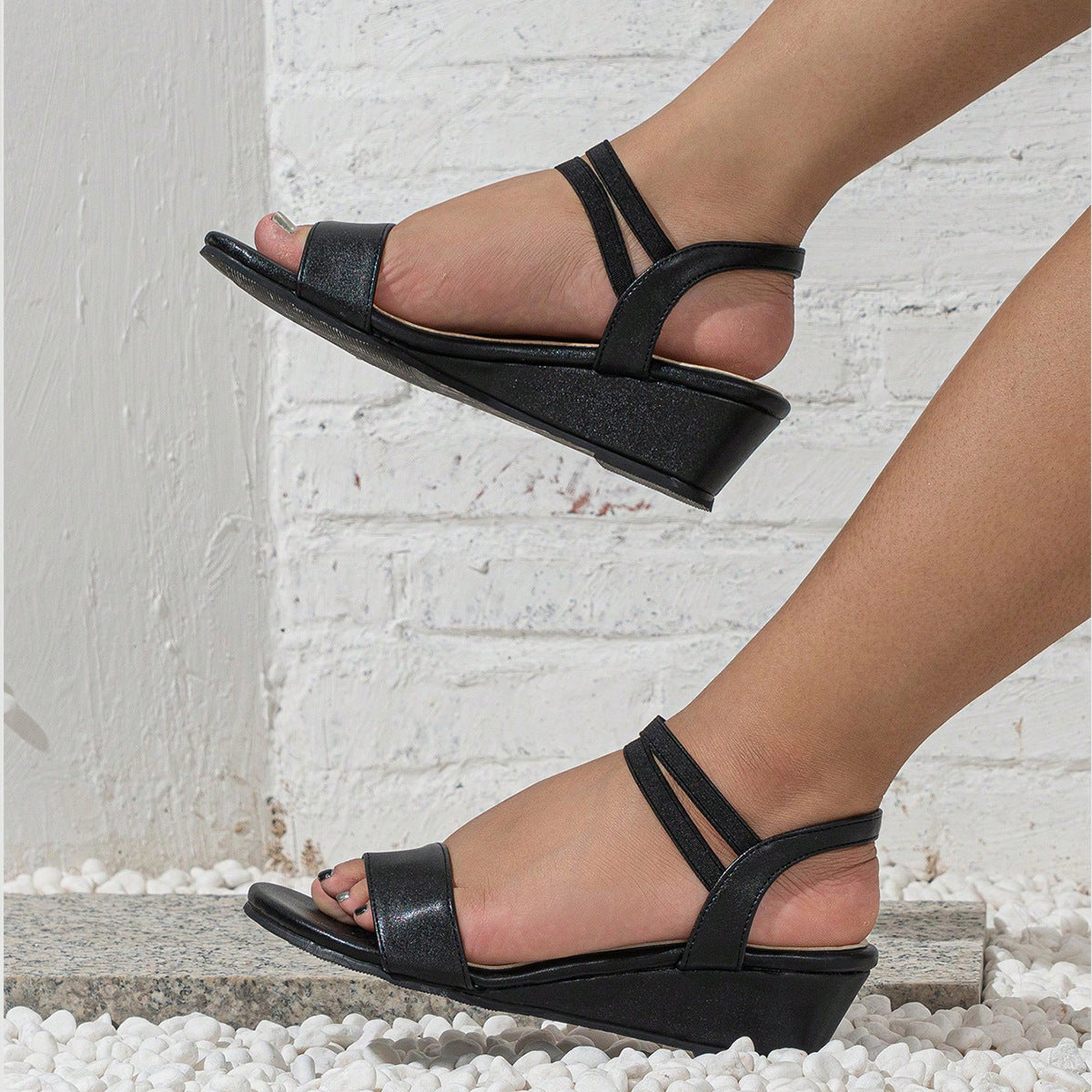 Margo & Main – double strap low wedge sandals, styled view, US women's sizes