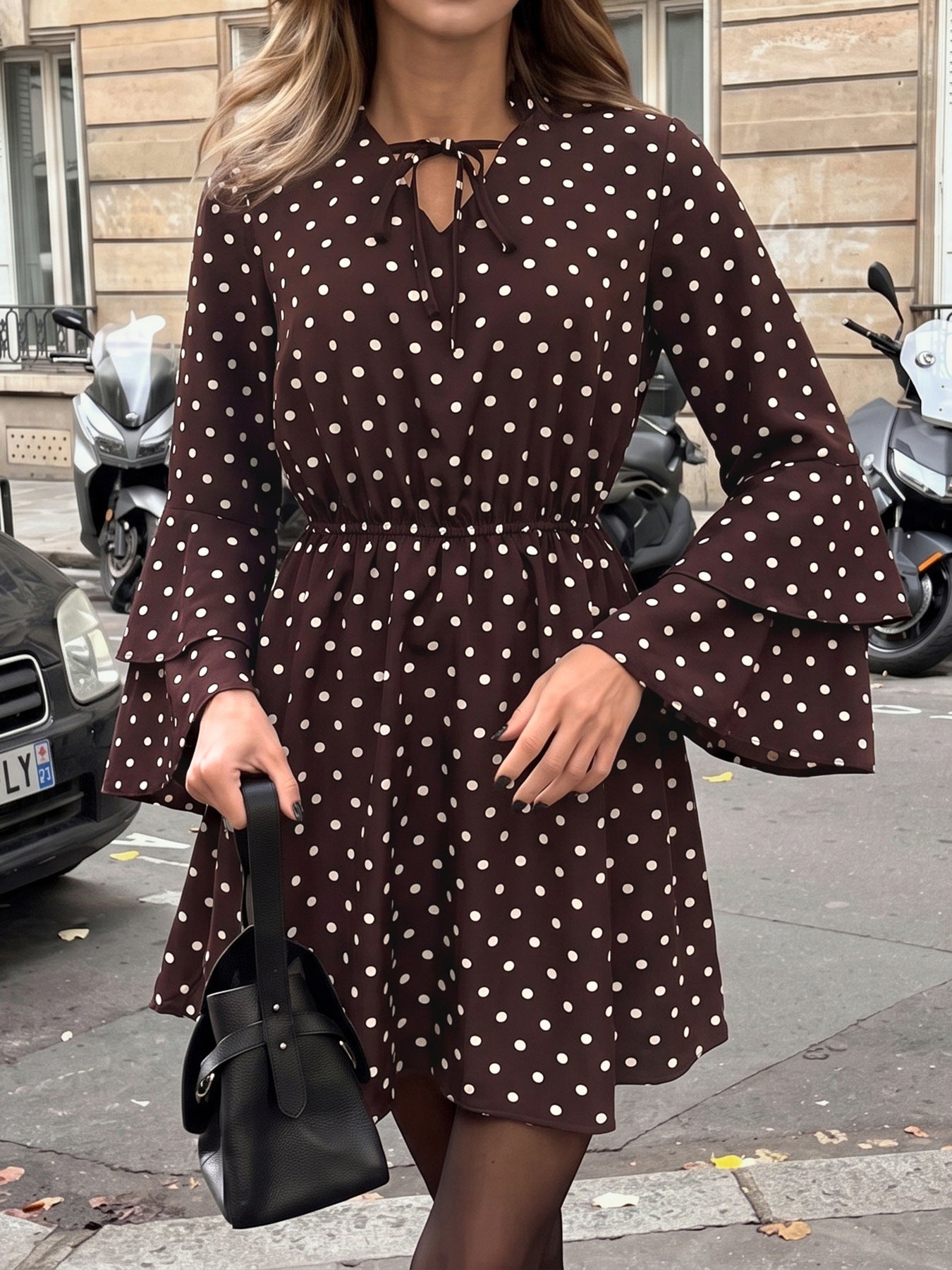 Margo & Main – polka dot bell sleeve mini dress, front view, US women's sizes