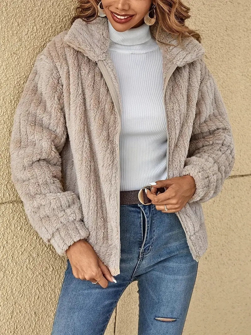 Margo & Main - taupe plush lapel collar short coat, styled outfit lifestyle shot, US women's sizes