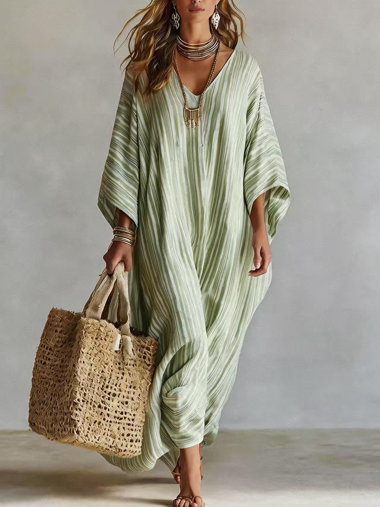Margo & Main – striped v-neck caftan maxi dress, detail view, US women's sizes