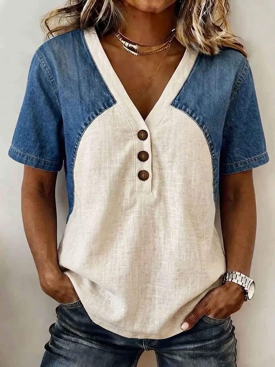 Alexandra Denim Contrast V-Neck Blouse