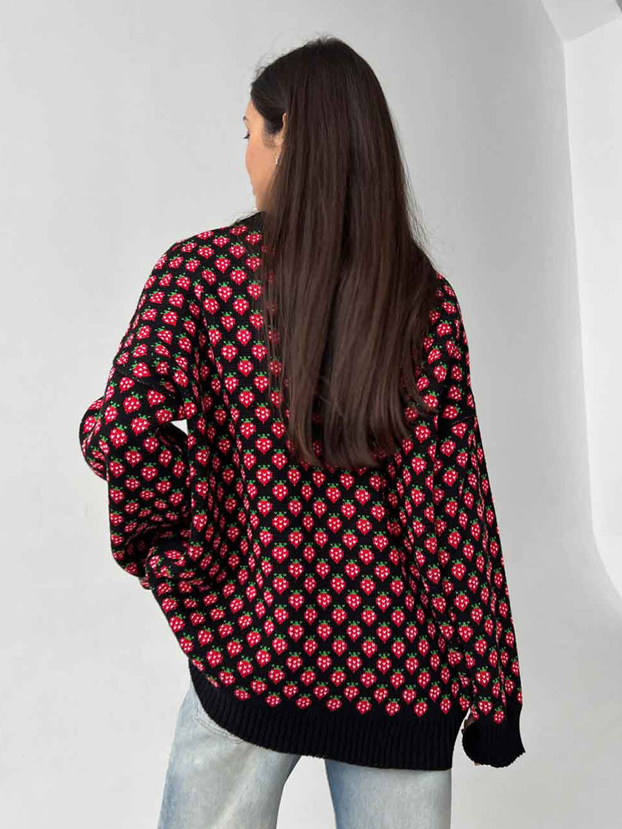 Alodie Strawberry Jacquard Crew Neck Sweater