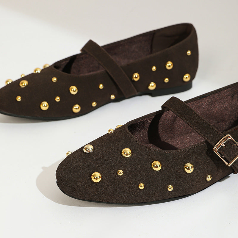 Margo & Main – dark brown suede flats, gold stud and suede texture detail, US women's sizes