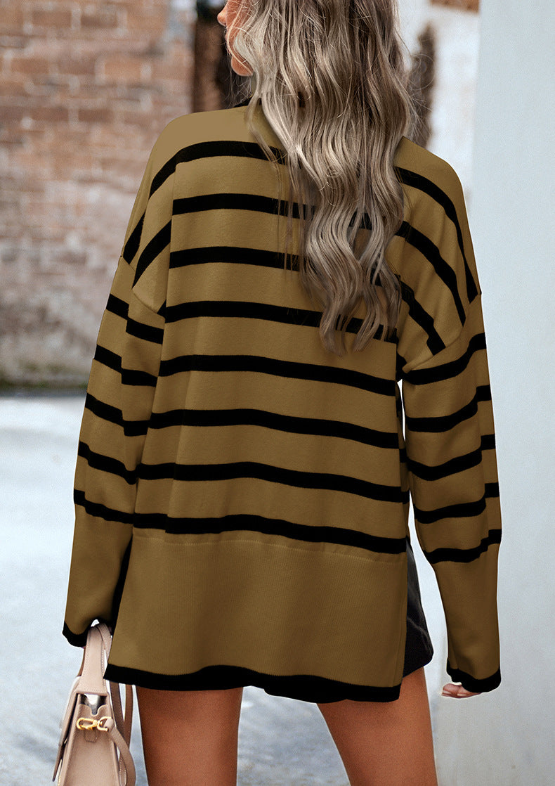 Elvie Striped Mock Neck Side-Slit Sweater