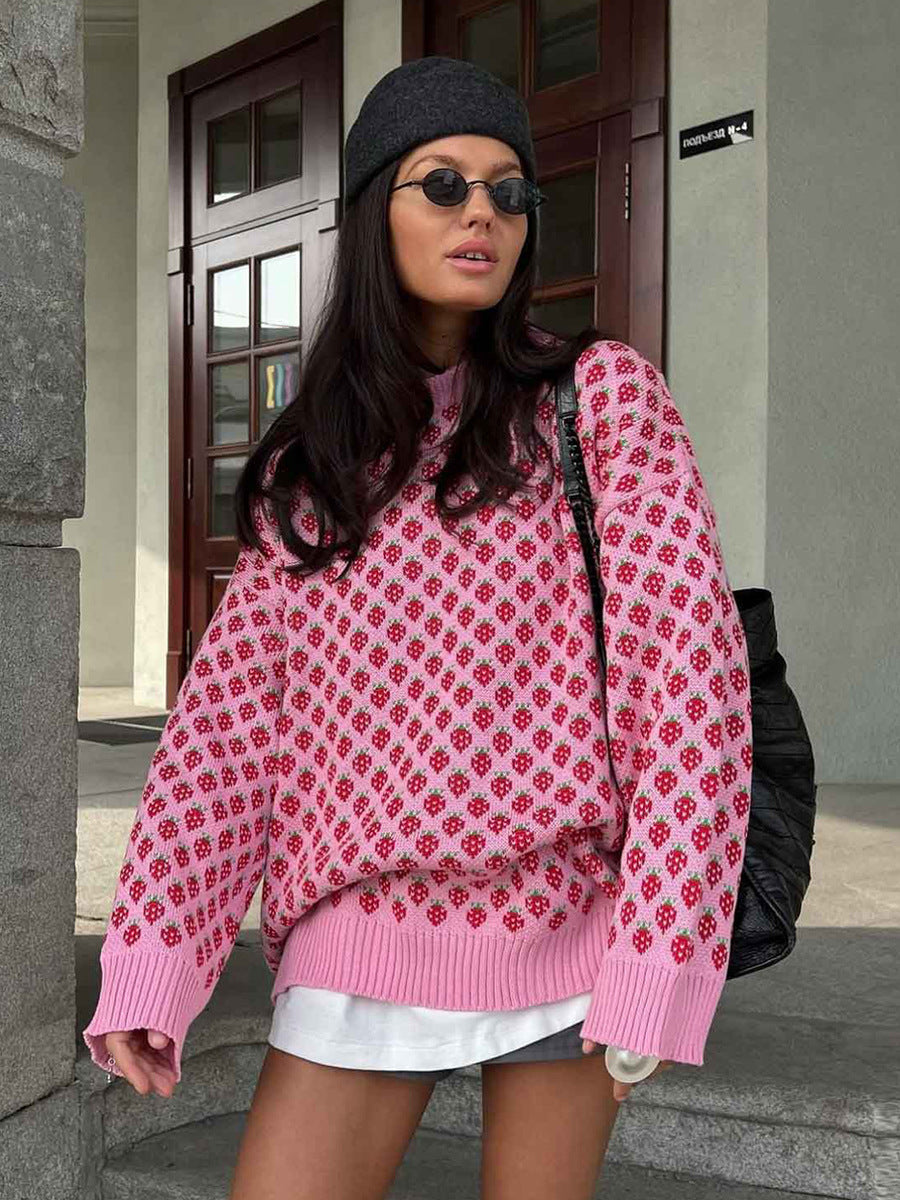 Alodie Strawberry Jacquard Crew Neck Sweater