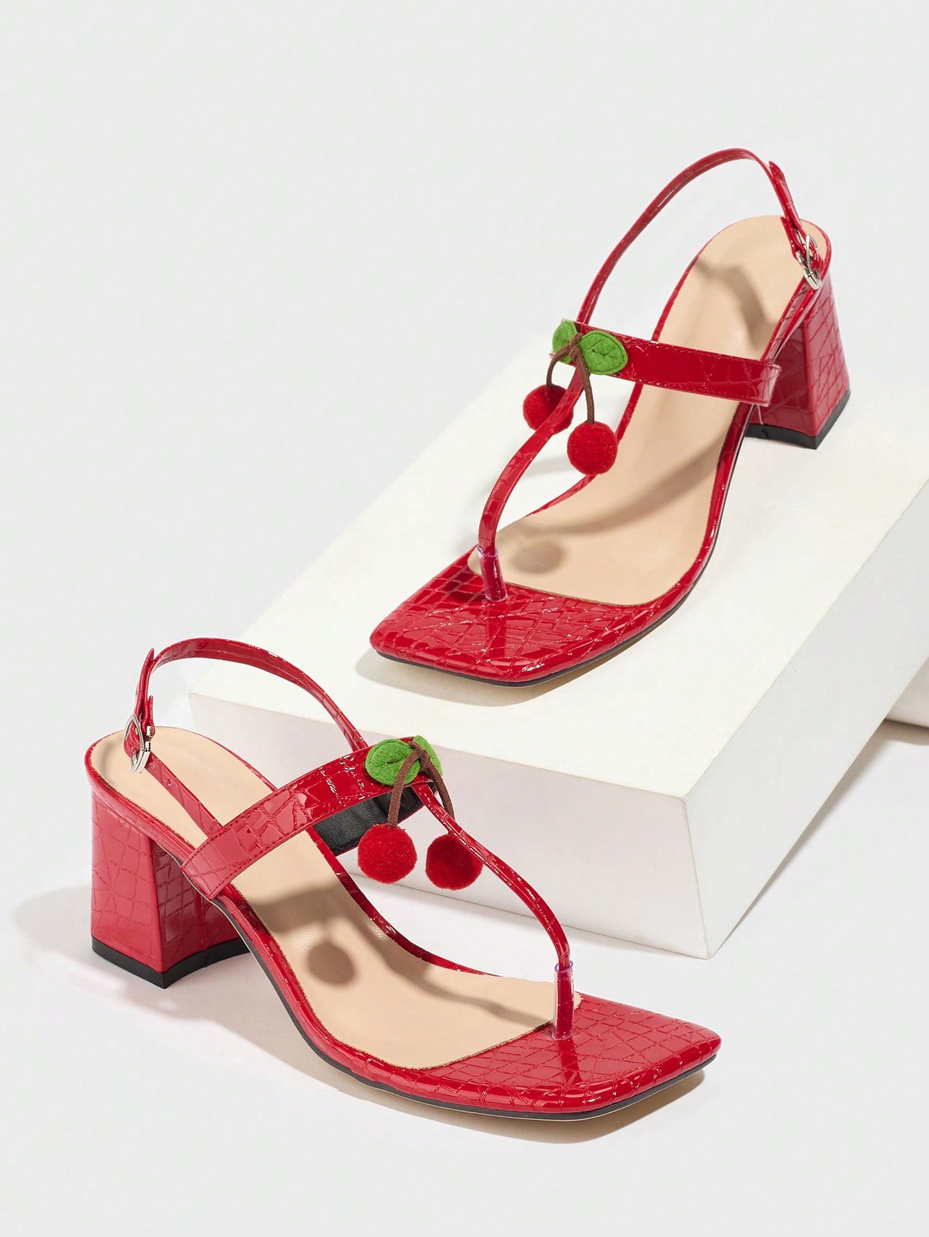 Cherry Detail Glossy Block Heel Sandals