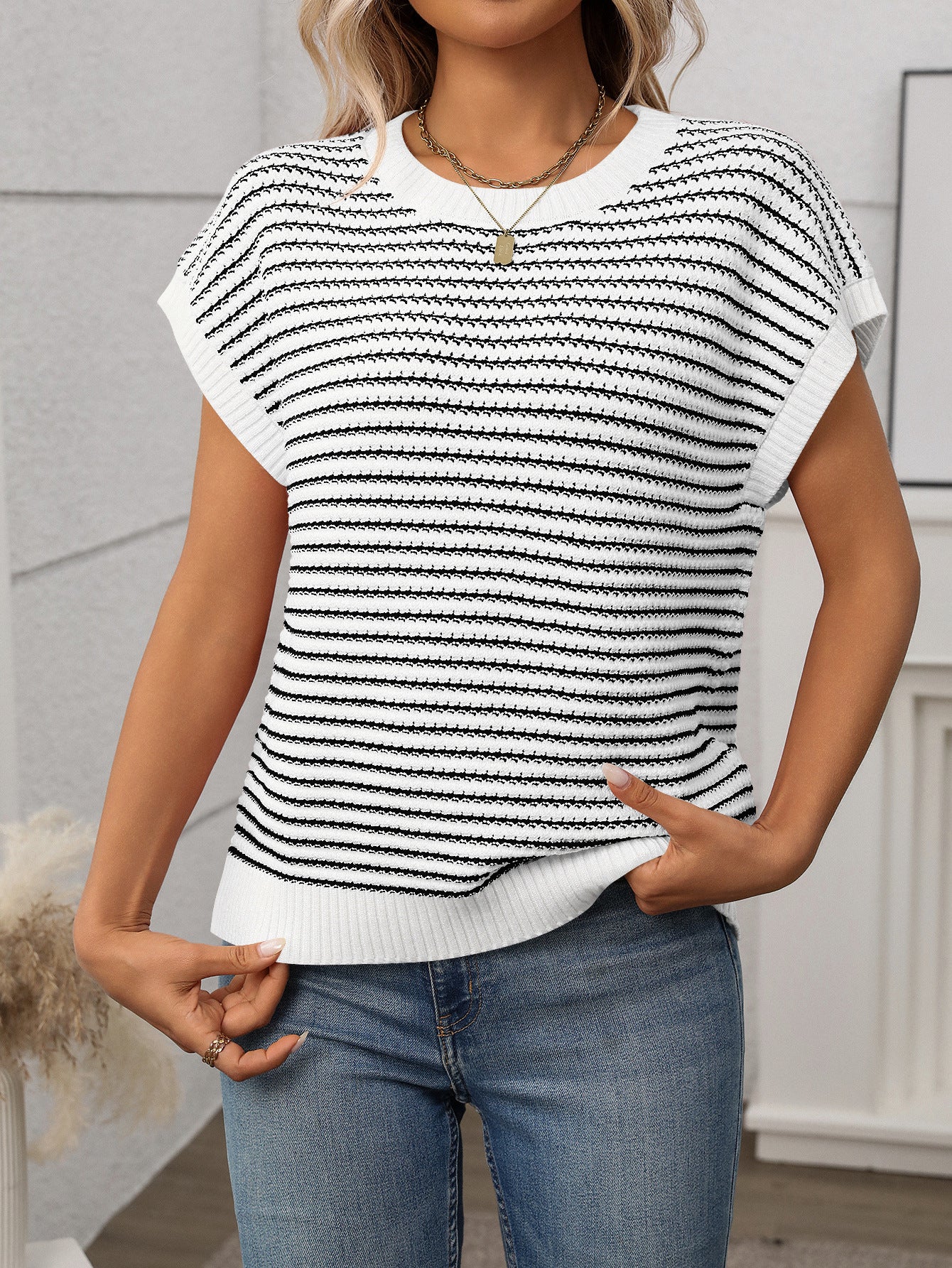 Irene Striped Textured Cap Sleeve Knit Top