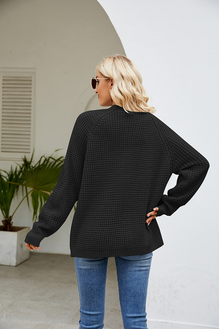 Margo & Main – waffle knit open front cardigan, full length view, US women's sizes