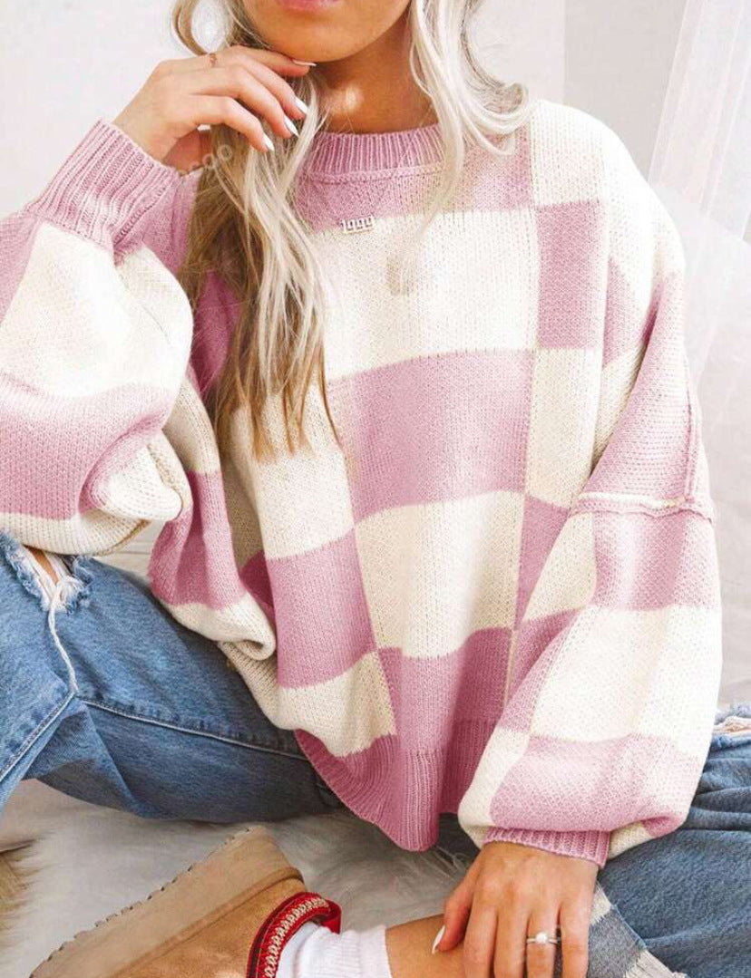 Margo & Main – checkerboard oversized crew sweater, close-up view, US women's sizes