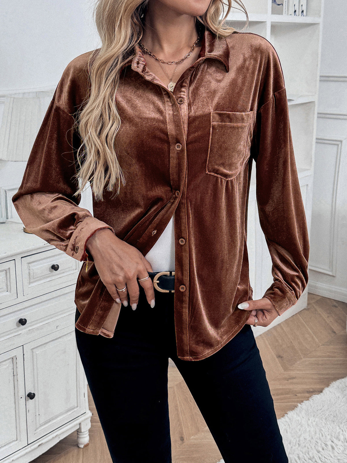Margo & Main brown velvet button-front shirt — half-open front with chest pocket and cuffs, US women's sizes