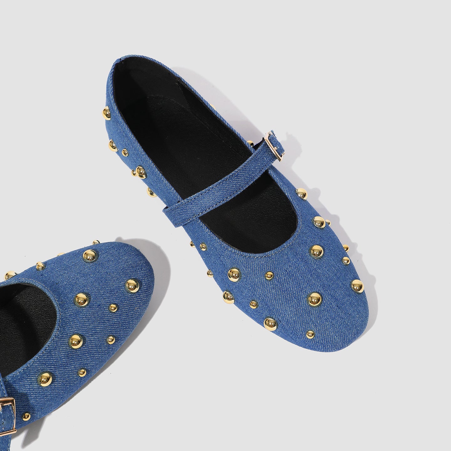 Margo & Main – denim blue mary jane flats, gold stud and denim weave detail, US women's sizes