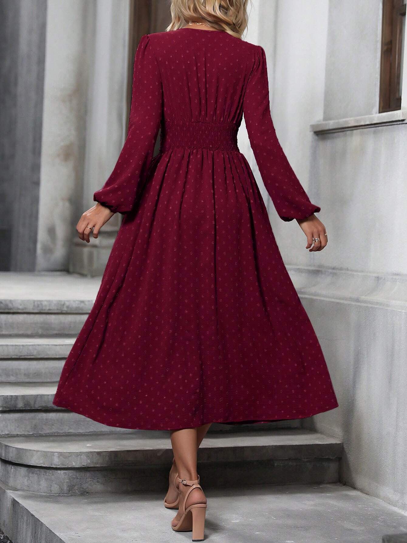 Margo & Main – swiss dot lantern sleeve midi dress, side view, US women's sizes