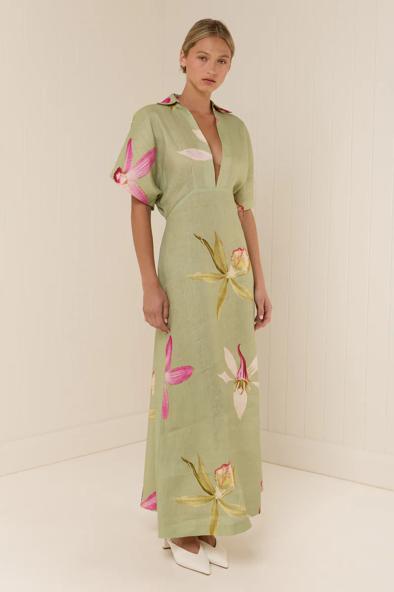 Margo & Main – linen floral collared maxi dress, back view, US women's sizes