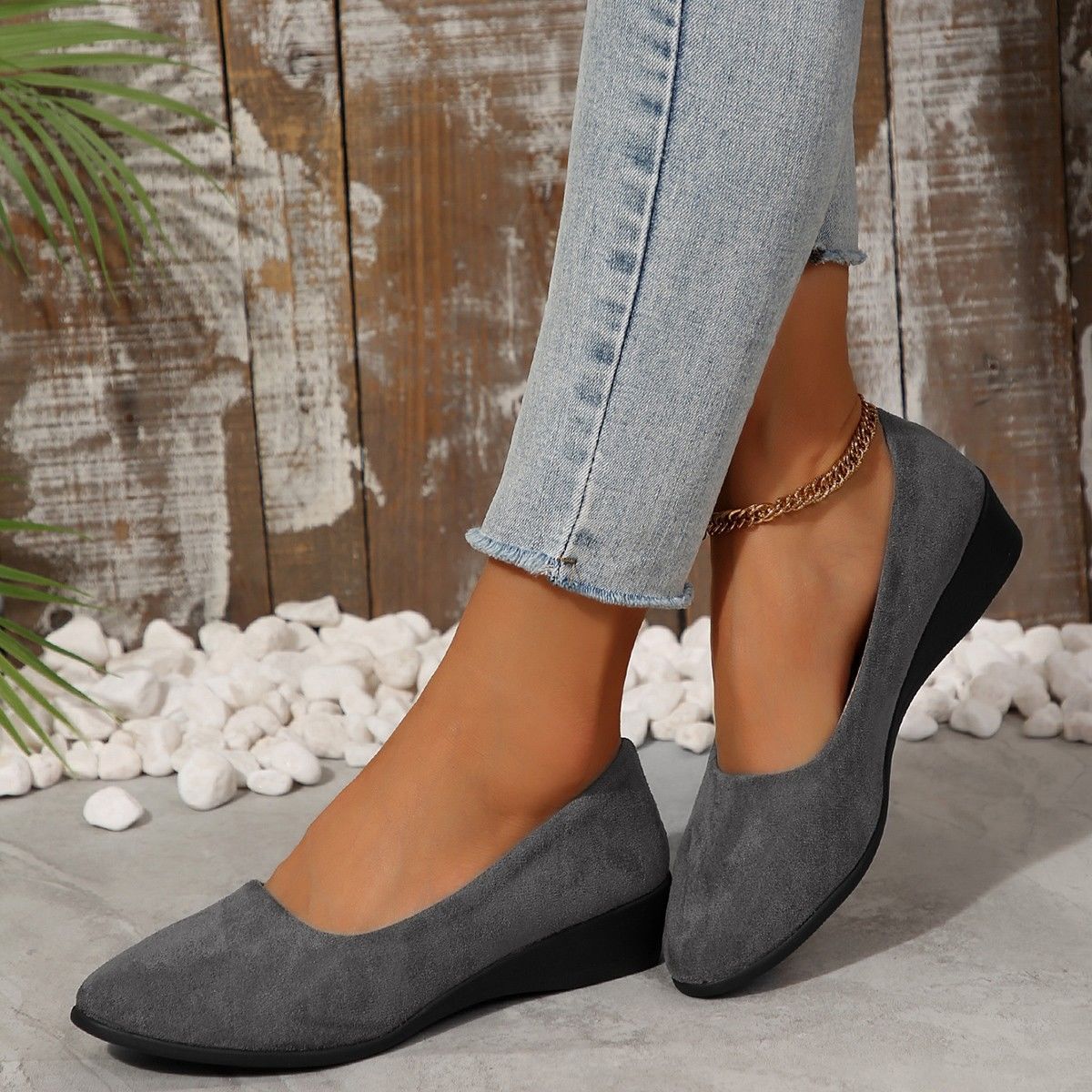 Margo & Main - gray suede pointed-toe wedge flats worn with cropped jeans, US women's sizes