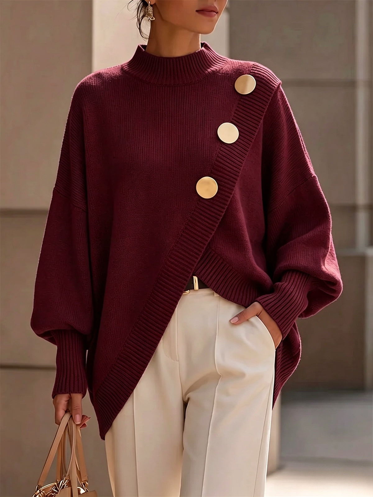 Winifred Asymmetric Button Mock Neck Sweater