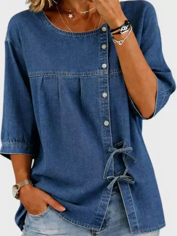 Margo & Main – Blue denim tie-front blouse, straight front view on model, US women's sizes