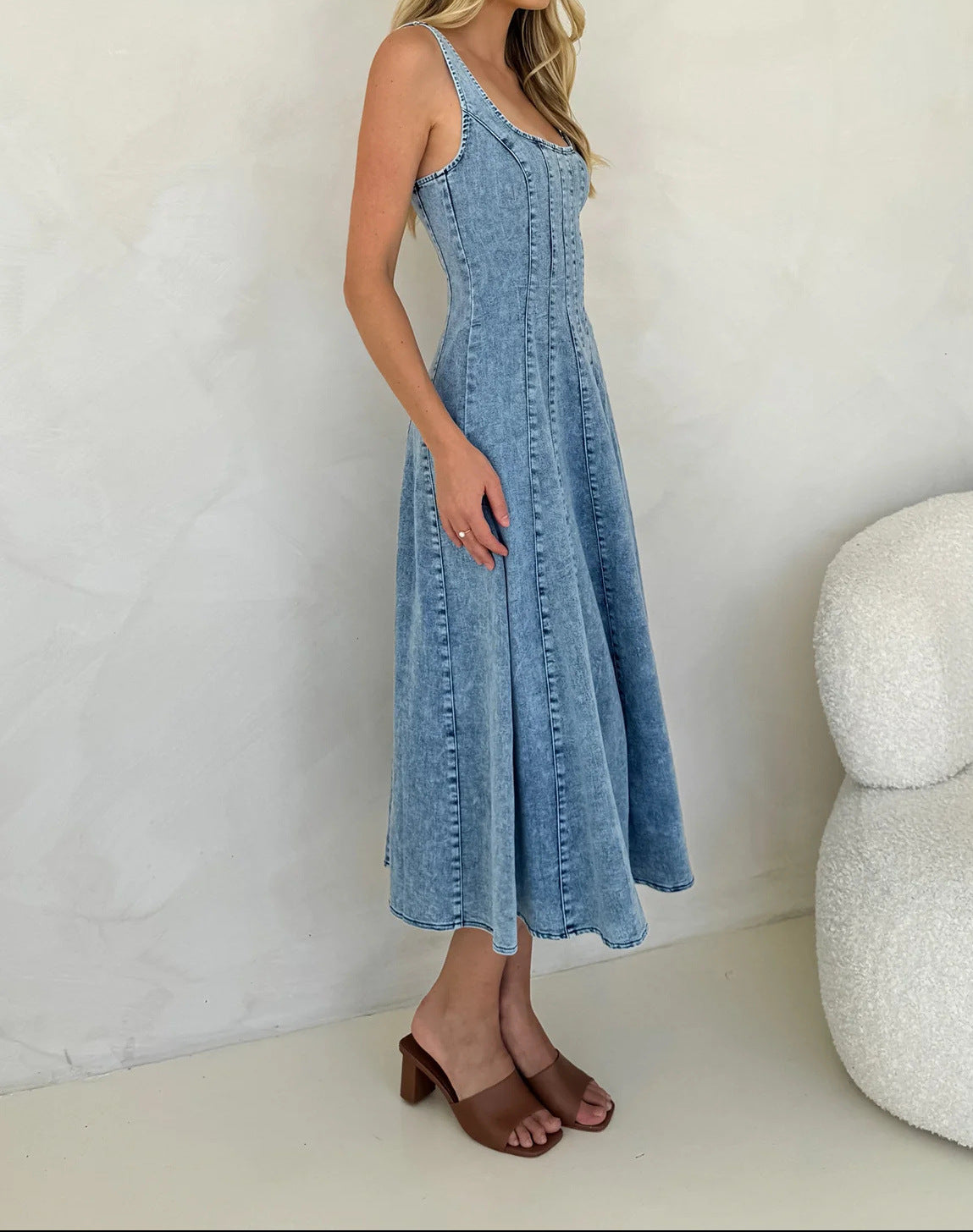 Margo & Main – blue square neck denim maxi dress, side view, US women's sizes