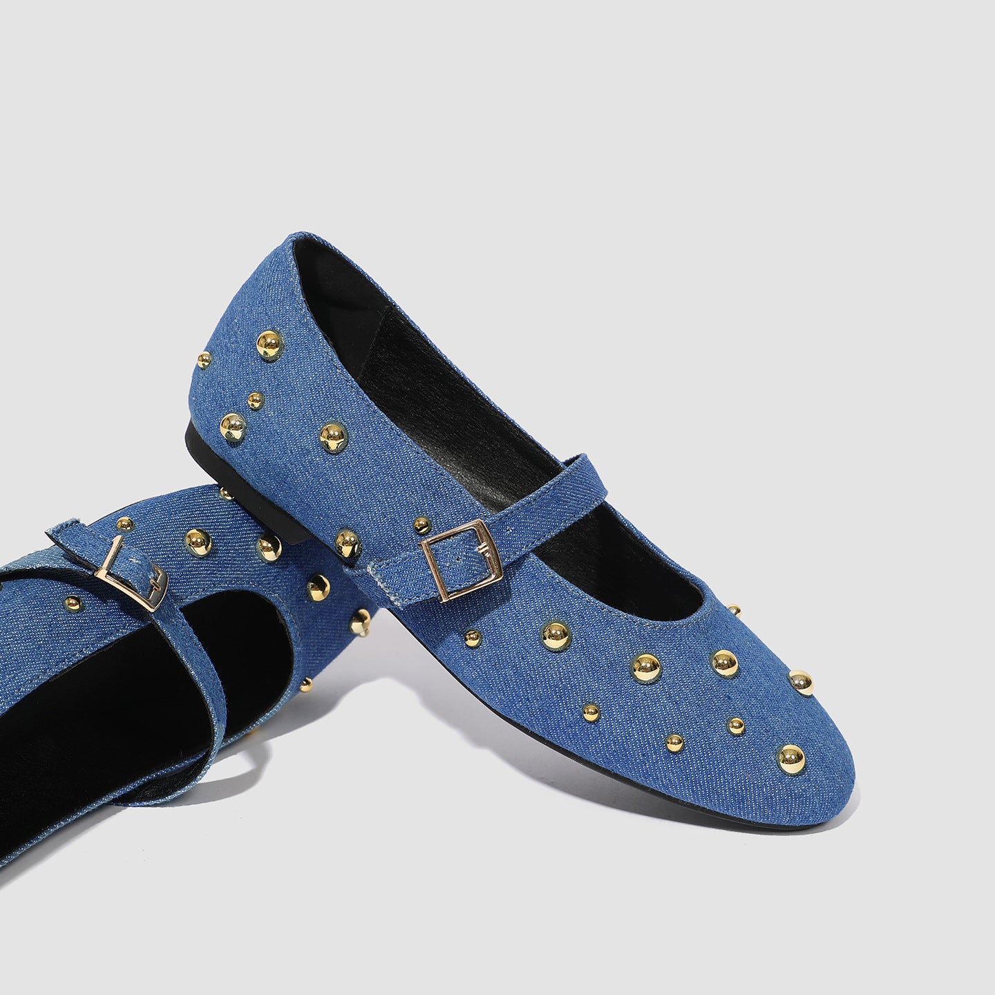 Margo & Main – denim blue mary jane flats, buckle strap and low vamp close-up, US women's sizes
