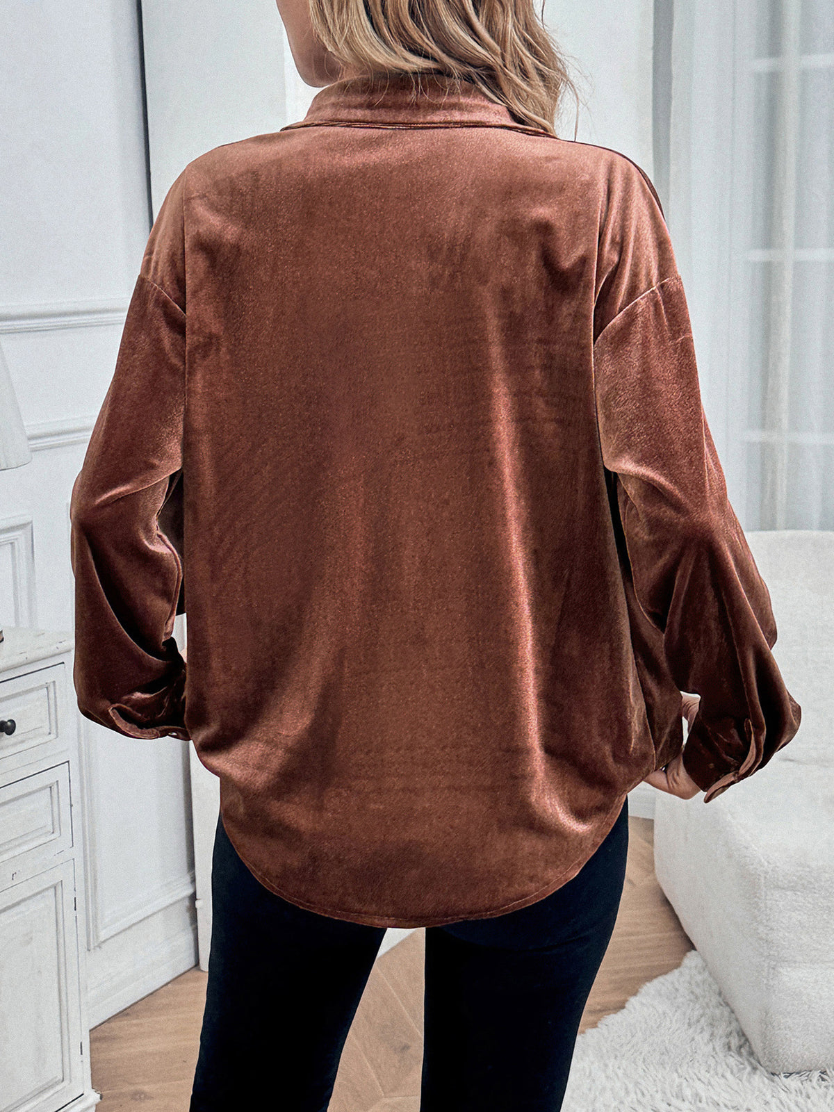 Margo & Main brown velvet button-front shirt — back view of the relaxed curved hem, US women's sizes