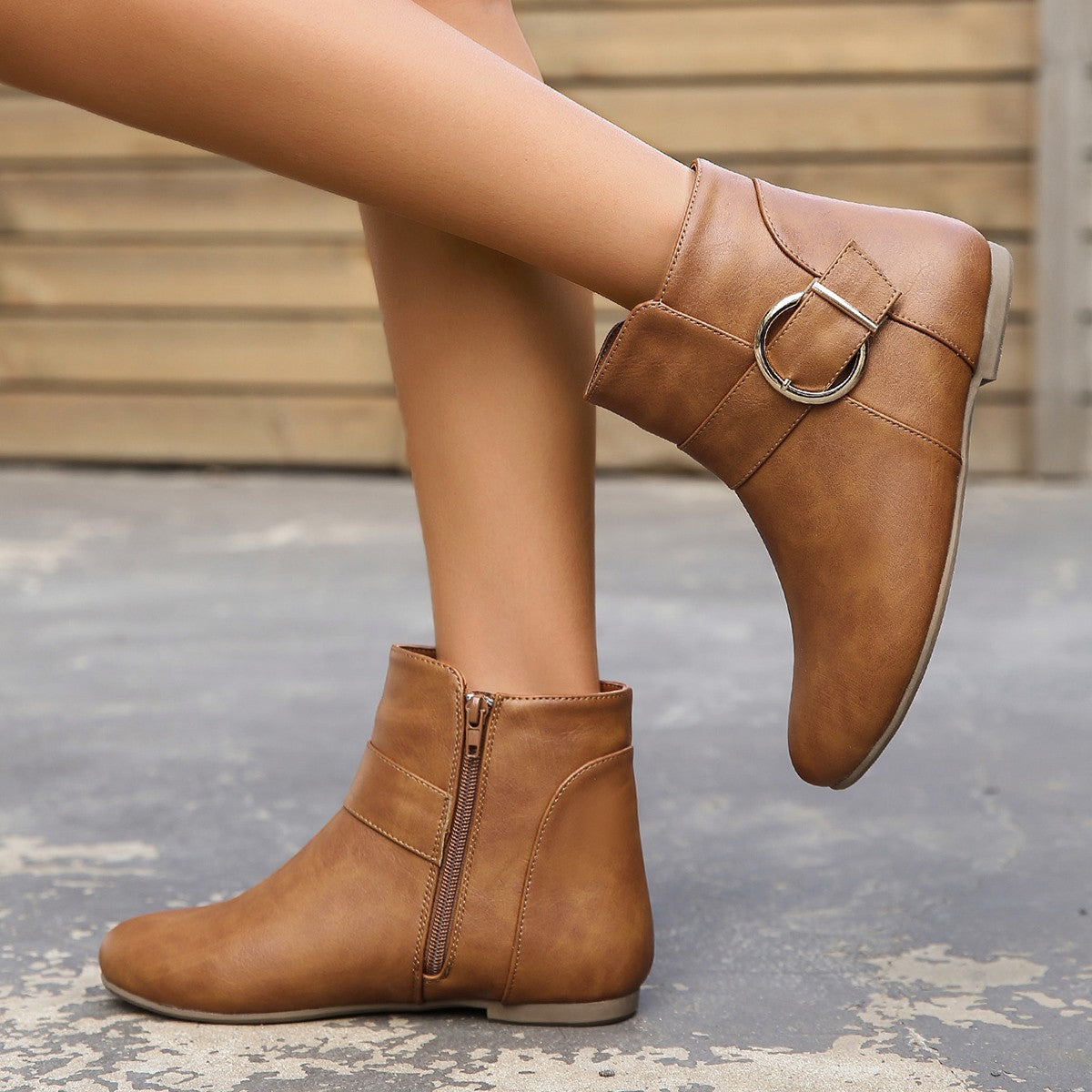 Effie Buckle Strap Side-Zip Flat Ankle Boots