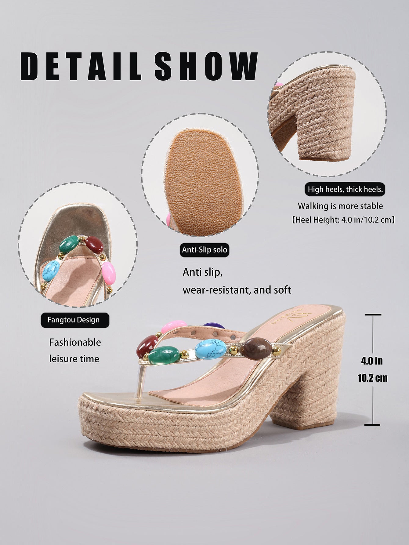 Margo & Main – beaded gold thong wedge sandals, detail view, US women's sizes