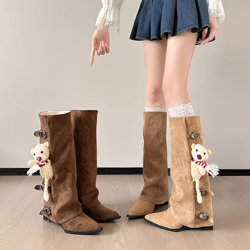 Georgette Suede Fold-Over Buckle Knee-High Boots