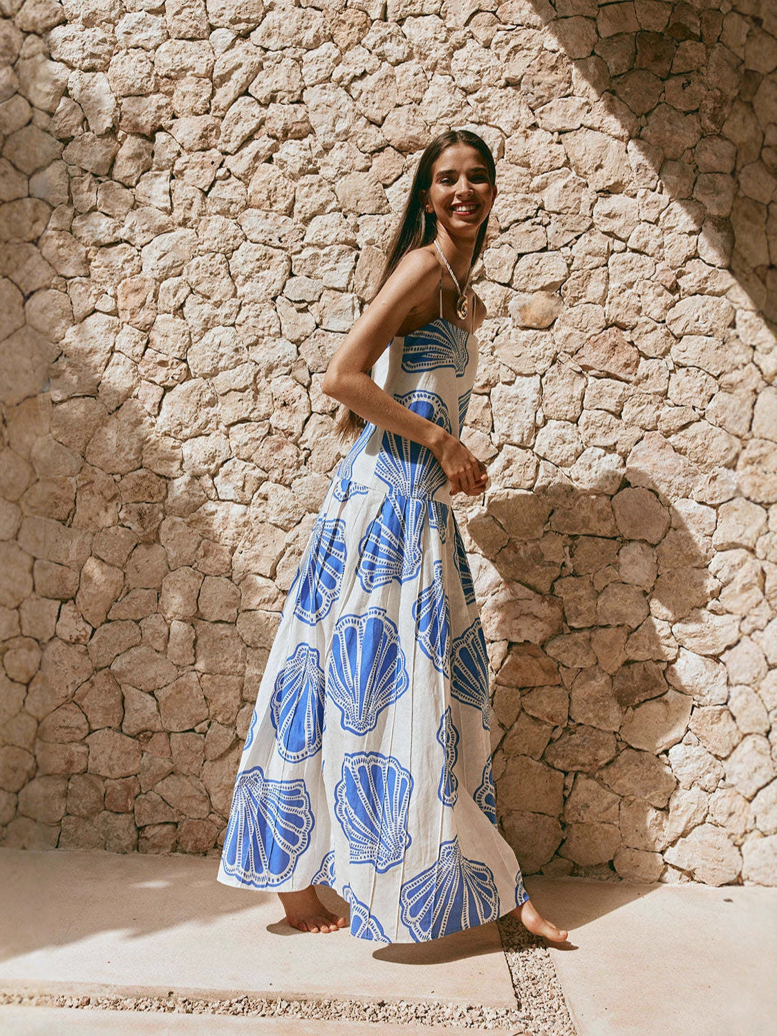 Margo & Main – blue shell print maxi dress neckline and shoulder strap detail, US women's sizes