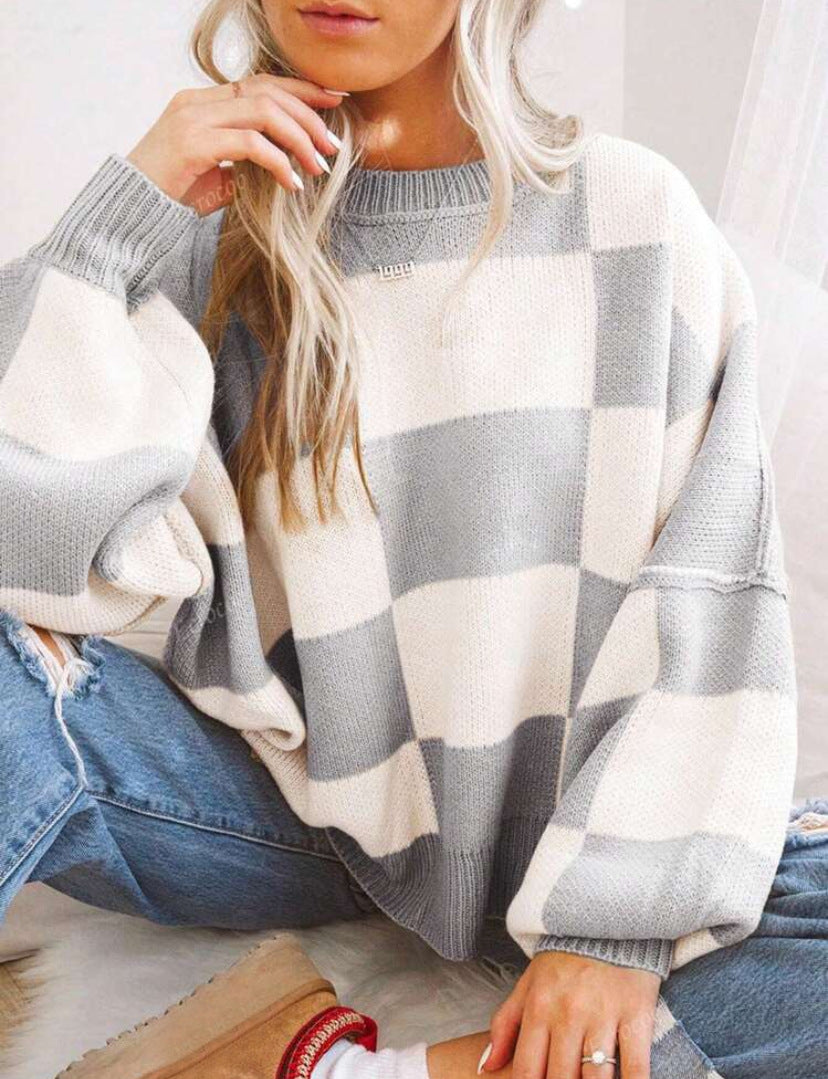 Margo & Main – checkerboard oversized crew sweater, styled view, US women's sizes