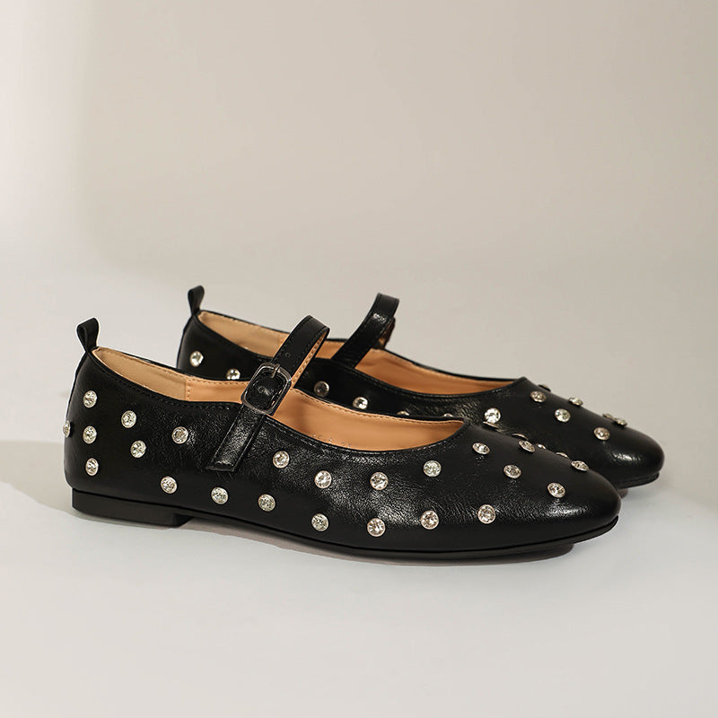 Margo & Main – black rhinestone mary jane ballet flats, angled pair, US women's sizes