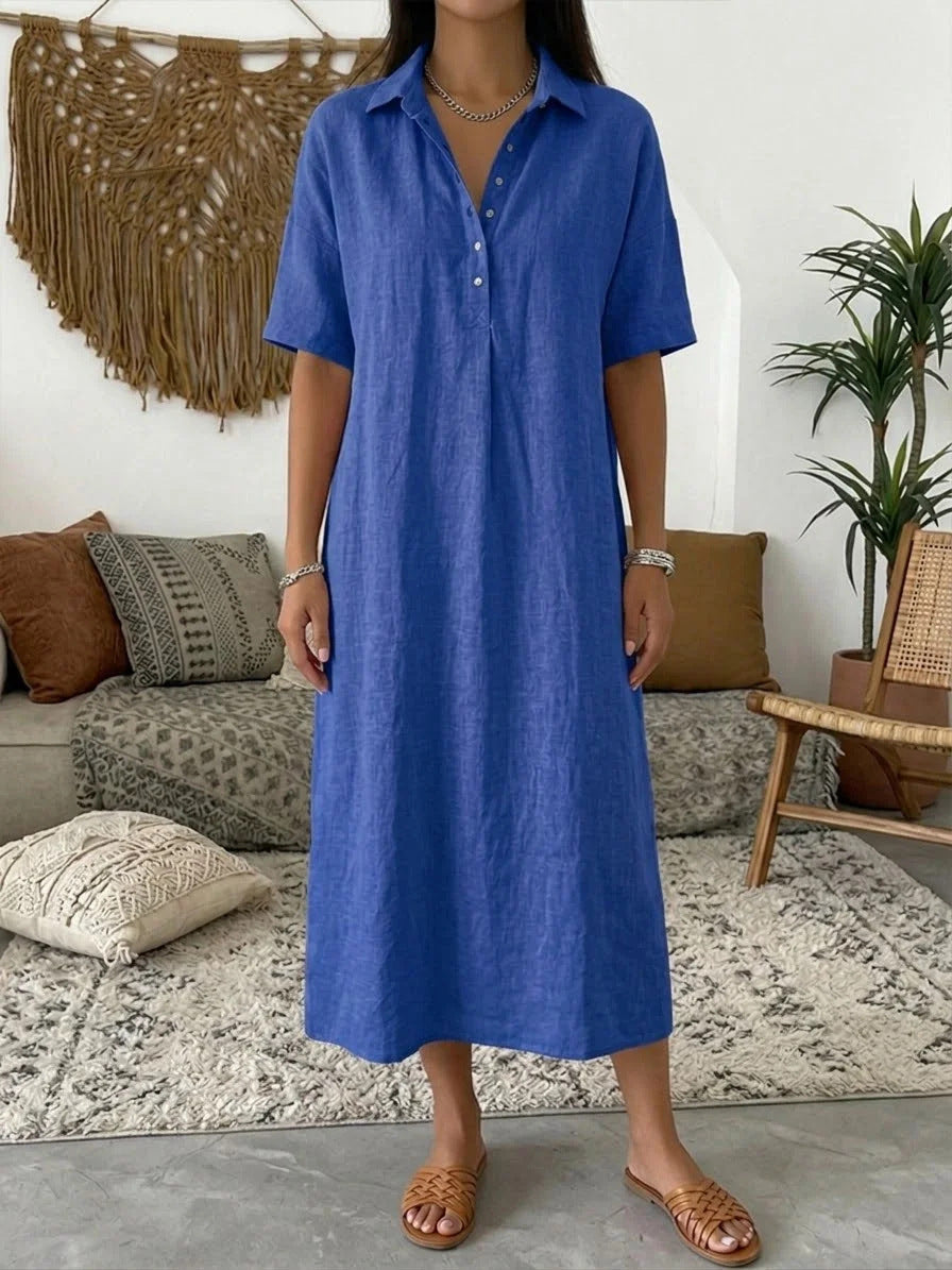 Margo & Main – Fenna royal blue collared linen shirt midi dress, full-length front view in a boho living room, US women's sizes