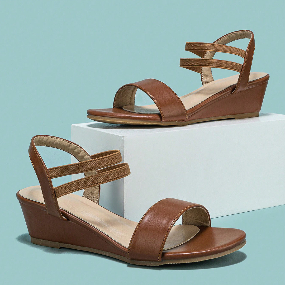 Margo & Main – double strap low wedge sandals, angled view, US women's sizes