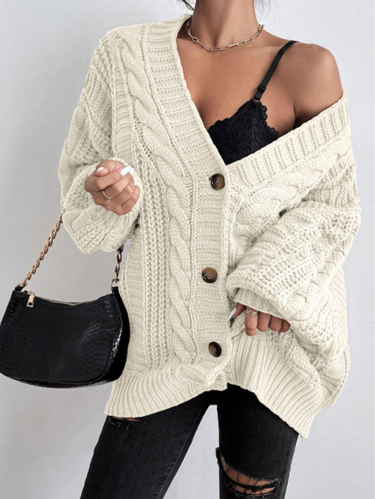 Idonea Chunky Cable Knit Lantern Sleeve Cardigan