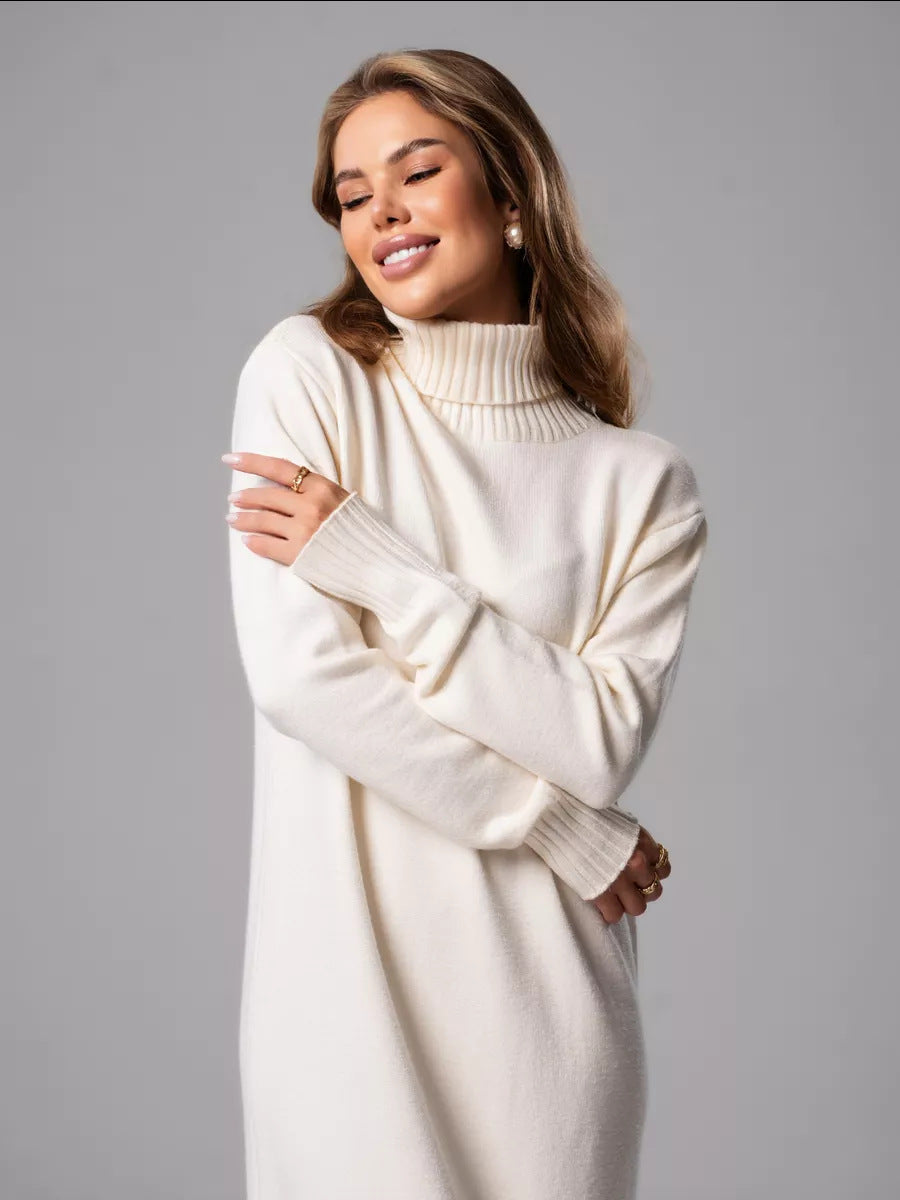 Margo & Main - cream turtleneck sweater dress front view on model, US women's sizes