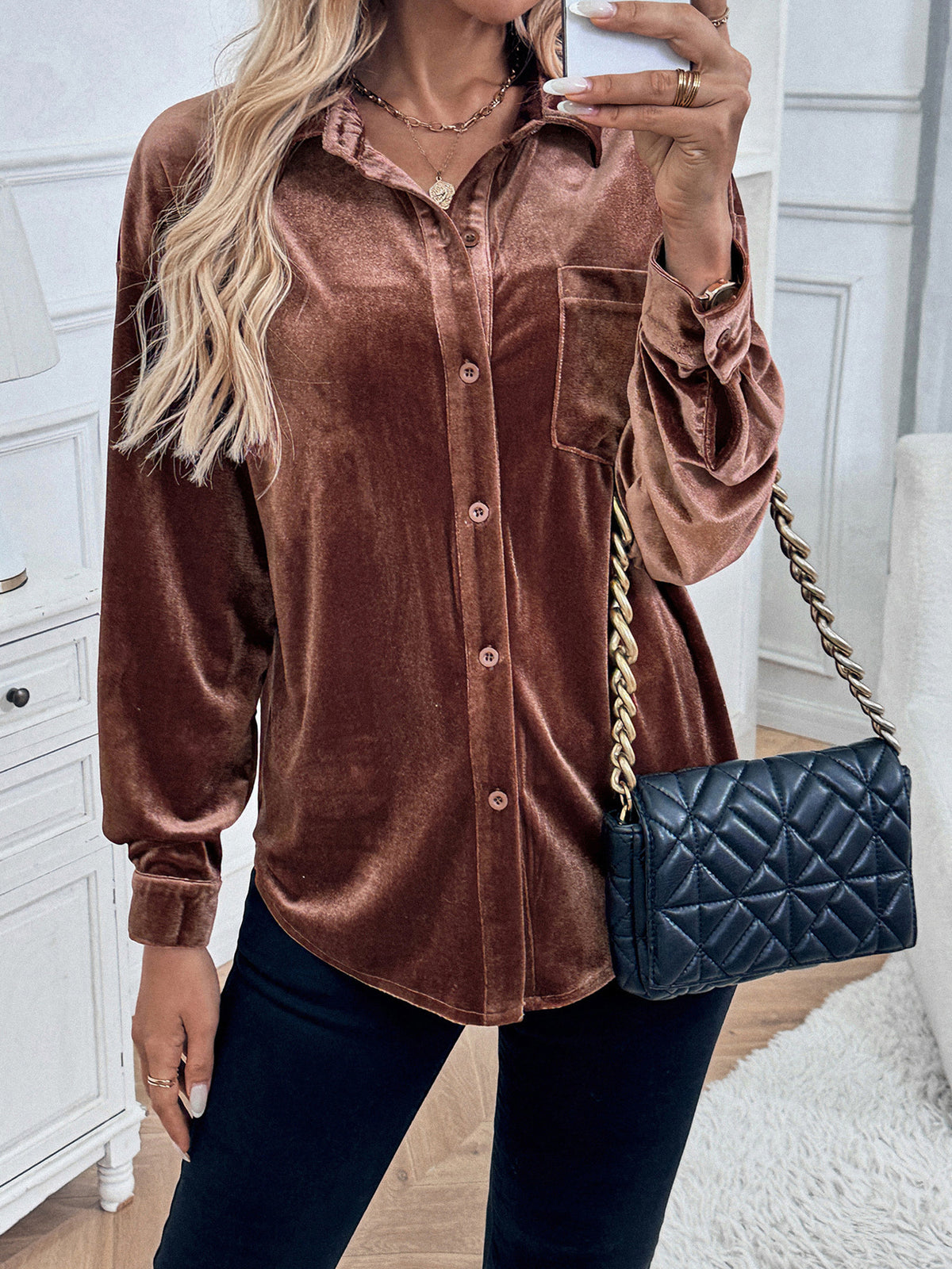 Margo & Main brown velvet button-front shirt — mirror selfie buttoned up with a chain bag, US women's sizes