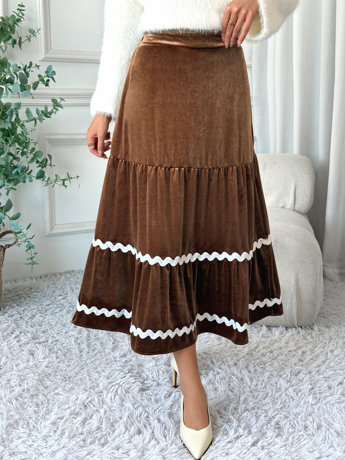 Marnie Velvet Tiered Ric Rac Midi Skirt